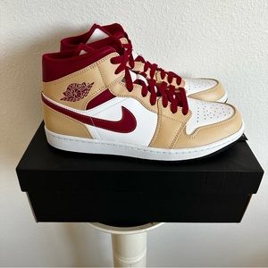 Nike Air Jordan 1 Mid Light Curry Cardinal Red Beige 554724-201 Mens New